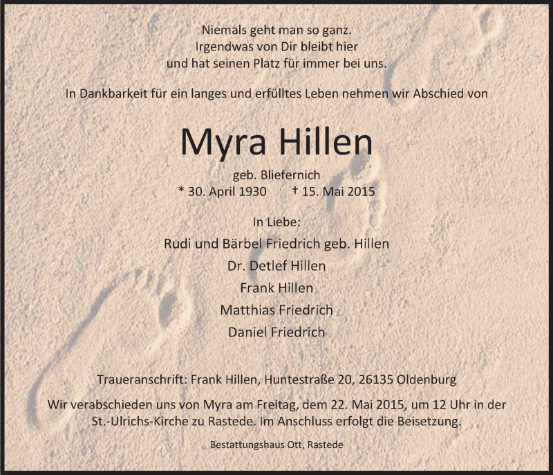  Traueranzeige für Myra Hillen vom 20.05.2015 aus Nordwest-Zeitung