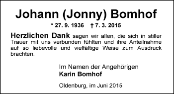 Traueranzeige von Johann (Jonny) Bomhof von Nordwest-Zeitung