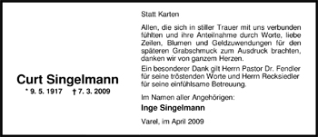 Traueranzeige von Curt Singelmann von Nordwest-Zeitung
