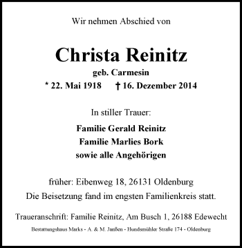Traueranzeige von Christa Reinitz von Nordwest-Zeitung