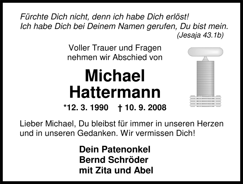  Traueranzeige für Michael Hattermann vom 19.09.2008 aus Nordwest-Zeitung