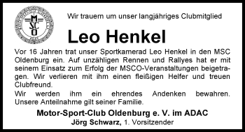 Traueranzeige von Leo Henkel von Nordwest-Zeitung