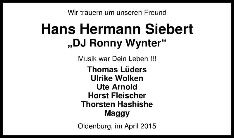  Traueranzeige für Hans Hermann Siebert vom 11.04.2015 aus Nordwest-Zeitung