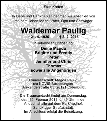 Traueranzeige von Waldemar Paulig von Nordwest-Zeitung