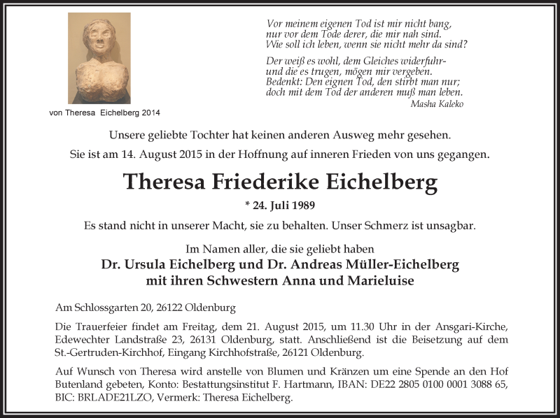  Traueranzeige für Theresa Friederike Eichelberg vom 18.08.2015 aus Nordwest-Zeitung