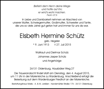 Traueranzeige von Elsbeth Hermine Schütz von Nordwest-Zeitung