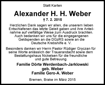 Traueranzeige von Alexander H. H. Weber von Nordwest-Zeitung
