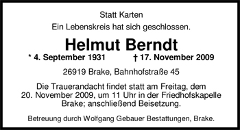 Traueranzeige von Helmut Berndt von Nordwest-Zeitung