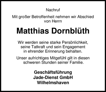 Traueranzeige von Matthias Dornblüth von Nordwest-Zeitung