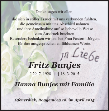 Traueranzeige von Fritz Bunjes von Nordwest-Zeitung