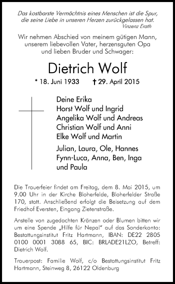 Traueranzeige von Dietrich Wolf von Nordwest-Zeitung