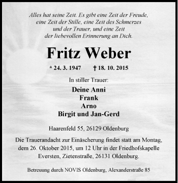 Traueranzeige von Fritz Weber von Nordwest-Zeitung