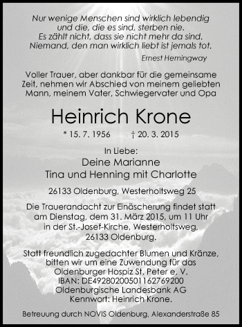 Traueranzeige von Heinrich Krone von Nordwest-Zeitung