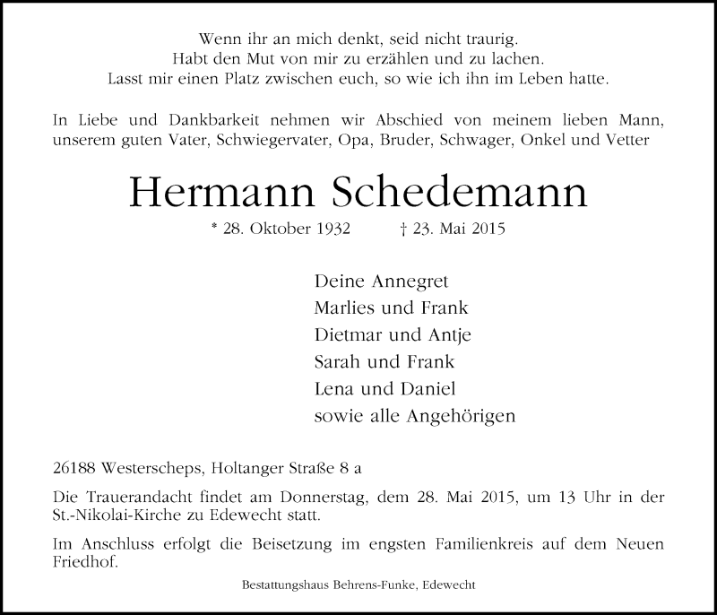  Traueranzeige für Hermann Schedemann vom 26.05.2015 aus Nordwest-Zeitung