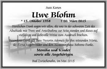 Traueranzeige von Uwe Blohm von Nordwest-Zeitung
