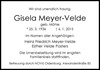 Traueranzeige von Gisela Meyer-Velde von Nordwest-Zeitung