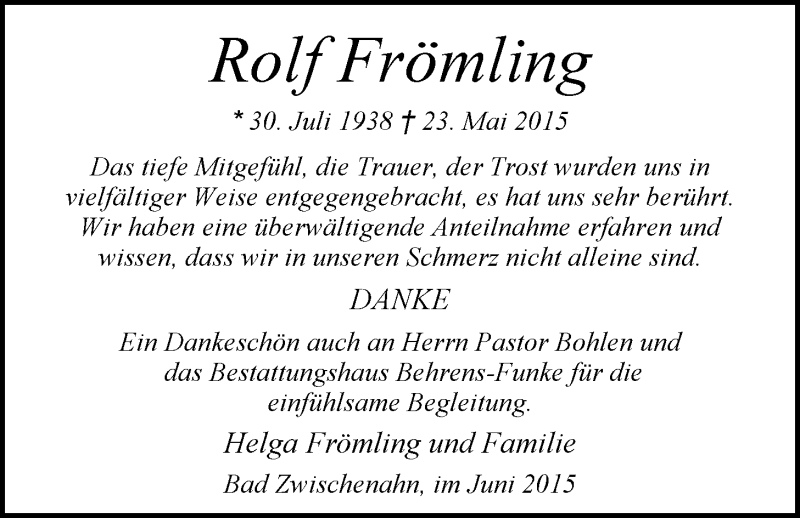  Traueranzeige für Rolf Frömling vom 27.06.2015 aus Nordwest-Zeitung