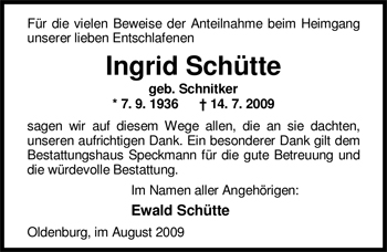 Traueranzeige von Ingrid Schütte von Nordwest-Zeitung