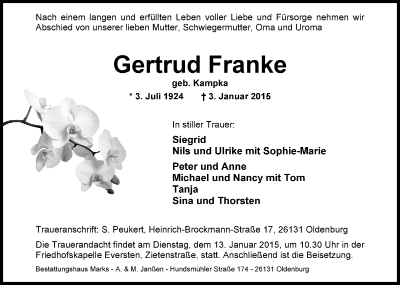  Traueranzeige für Gertrud Franke vom 07.01.2015 aus Nordwest-Zeitung