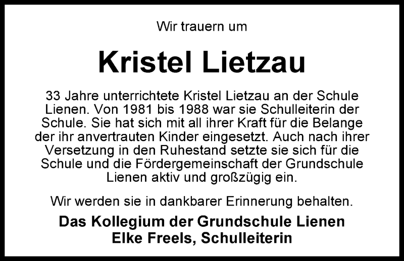  Traueranzeige für Kristel Lietzau vom 05.08.2015 aus Nordwest-Zeitung
