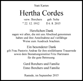 Traueranzeige von Hertha Cordes von Nordwest-Zeitung