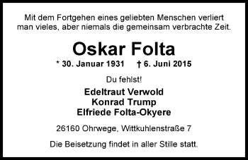 Traueranzeige von Oskar Folta von Nordwest-Zeitung