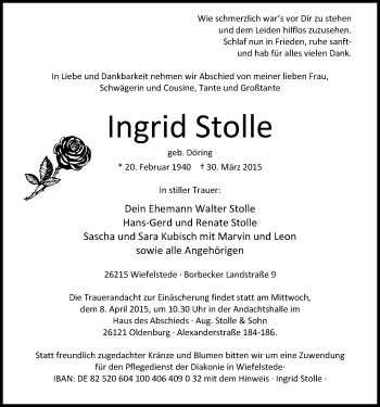 Traueranzeige von Ingrid Stolle von Nordwest-Zeitung