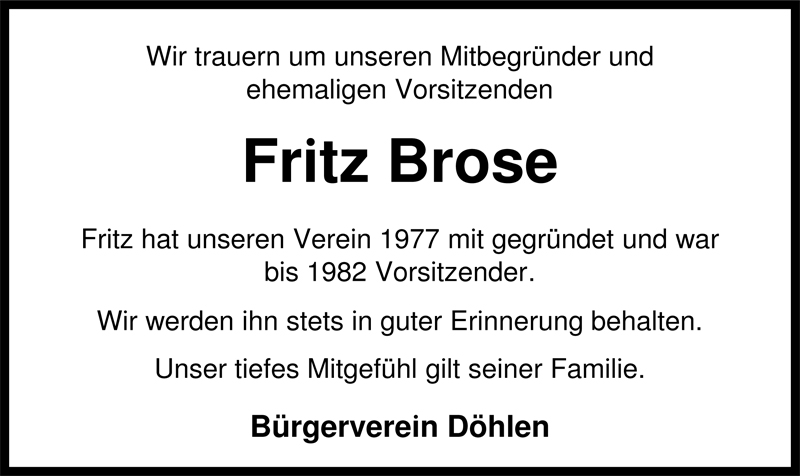  Traueranzeige für Fritz Brose vom 11.03.2009 aus Nordwest-Zeitung