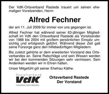 Traueranzeige von Alfred Fechner von Nordwest-Zeitung