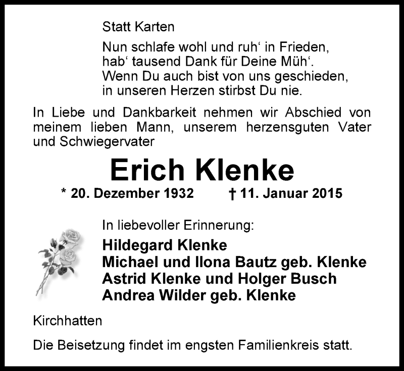  Traueranzeige für Erich Klenke vom 13.01.2015 aus Nordwest-Zeitung