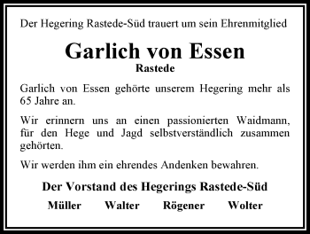 Traueranzeige von Garlich von Essen von Nordwest-Zeitung