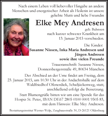 Traueranzeige von Elke Mey Andresen von Nordwest-Zeitung
