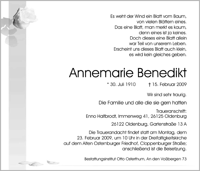  Traueranzeige für Benedikt Annemarie vom 19.02.2009 aus Nordwest-Zeitung