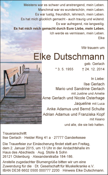 Traueranzeige von Elke Dutschmann von Nordwest-Zeitung