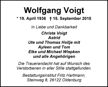 Traueranzeige von Wolfgang Voigt von Nordwest-Zeitung