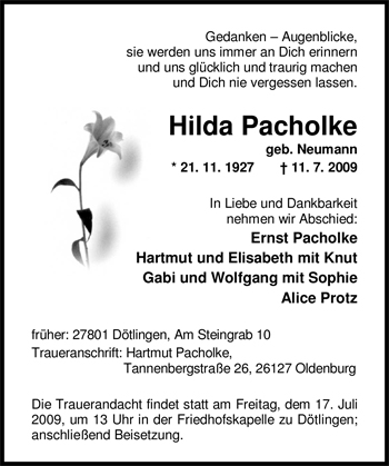 Traueranzeige von Hilda Pacholke von Nordwest-Zeitung