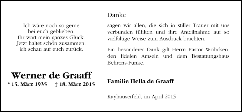  Traueranzeige für Werner de Graaf vom 25.04.2015 aus Nordwest-Zeitung