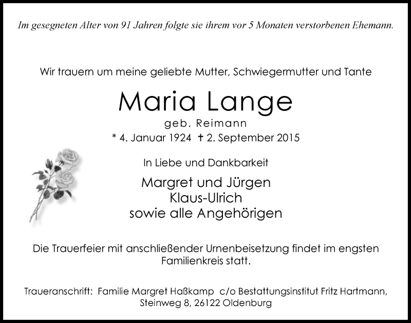  Traueranzeige für Maria Lange vom 05.09.2015 aus Nordwest-Zeitung