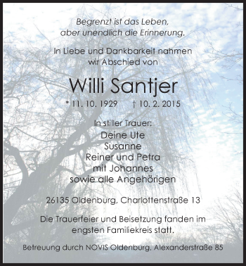 Traueranzeige von Willi Santjer von Nordwest-Zeitung