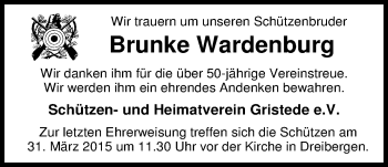 Traueranzeige von Brunke Wardenburg von Nordwest-Zeitung