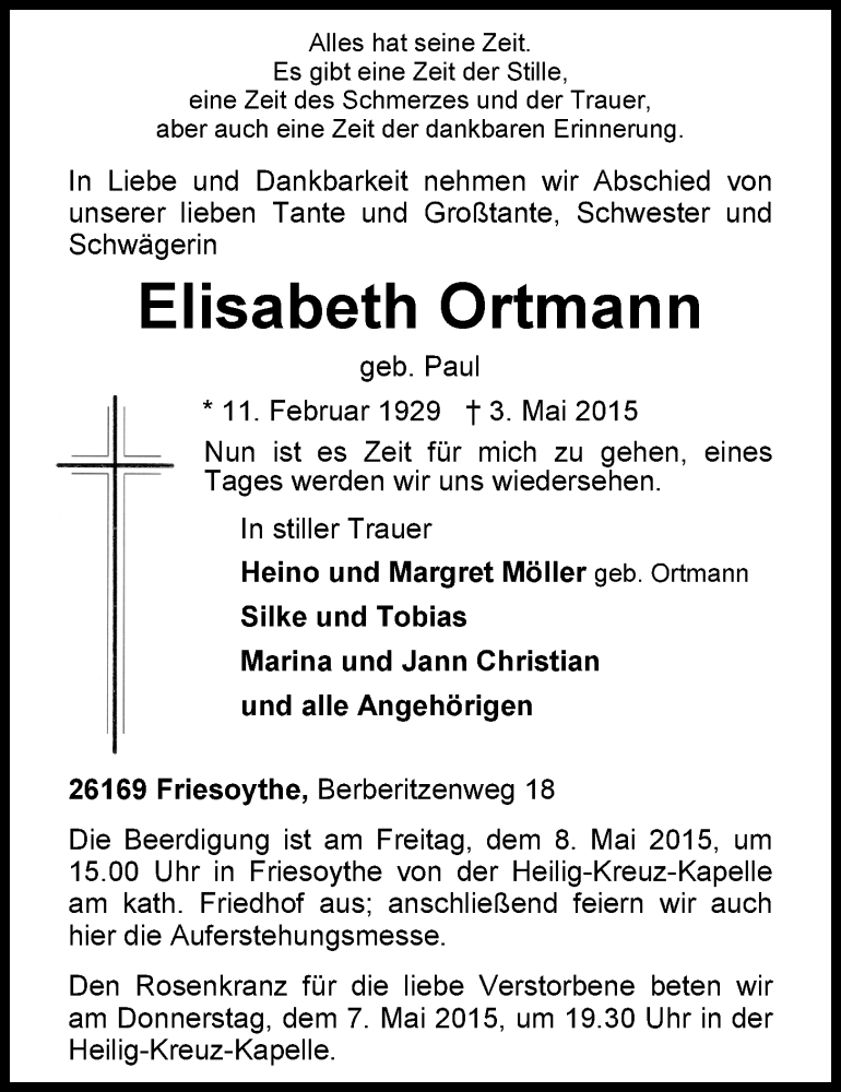 Traueranzeigen von Elisabeth Ortmann | nordwest-trauer.de