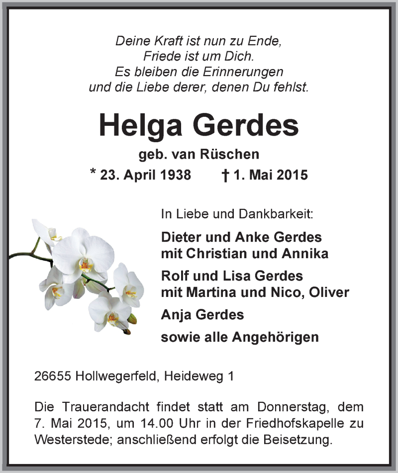  Traueranzeige für Helga Gerdes vom 04.05.2015 aus Nordwest-Zeitung