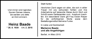 Traueranzeige von Heinz Baade von Nordwest-Zeitung