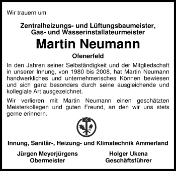 Traueranzeige von Martin Neumann von Nordwest-Zeitung