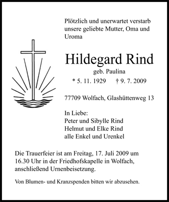 Traueranzeige von Hildegard Rind von Nordwest-Zeitung