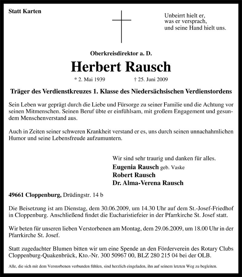  Traueranzeige für Herbert Rausch vom 27.06.2009 aus Nordwest-Zeitung