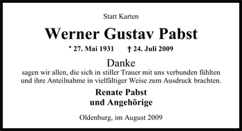 Traueranzeige von Werner Gustav Pabst von Nordwest-Zeitung