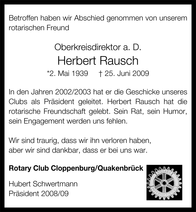  Traueranzeige für Herbert Rausch vom 02.07.2009 aus Nordwest-Zeitung