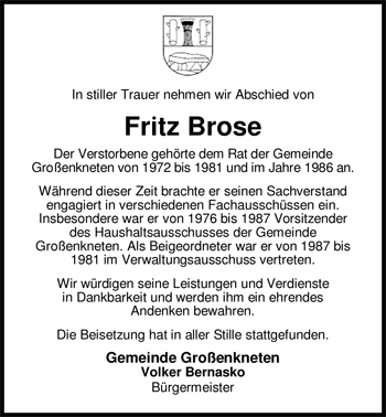 Traueranzeige von Fritz Brose von Nordwest-Zeitung