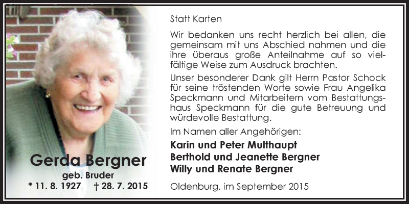  Traueranzeige für Gerda Bergner vom 12.09.2015 aus Nordwest-Zeitung